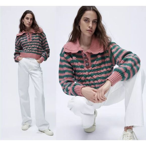 NEW ZARA striped cable knit cropped sweater size small woman’s fall - Picture 3 of 12